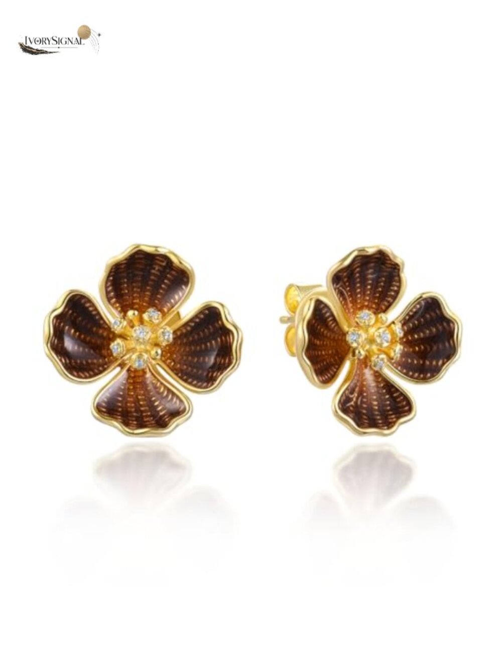 925 Sterling Silver Enamel Flower Stud Earrings Cubic Zirconia Push Back